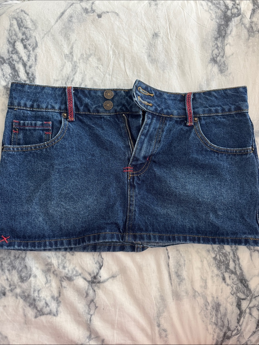 Edikted Blue Denim Mini Skirt with Pink Stitching